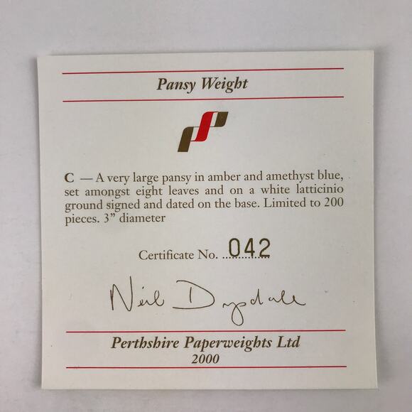 Perthshire 2000C Large Pansy Lampwork Flower Faceted Lace Ground Paperweight COA - Picture 11 of 16